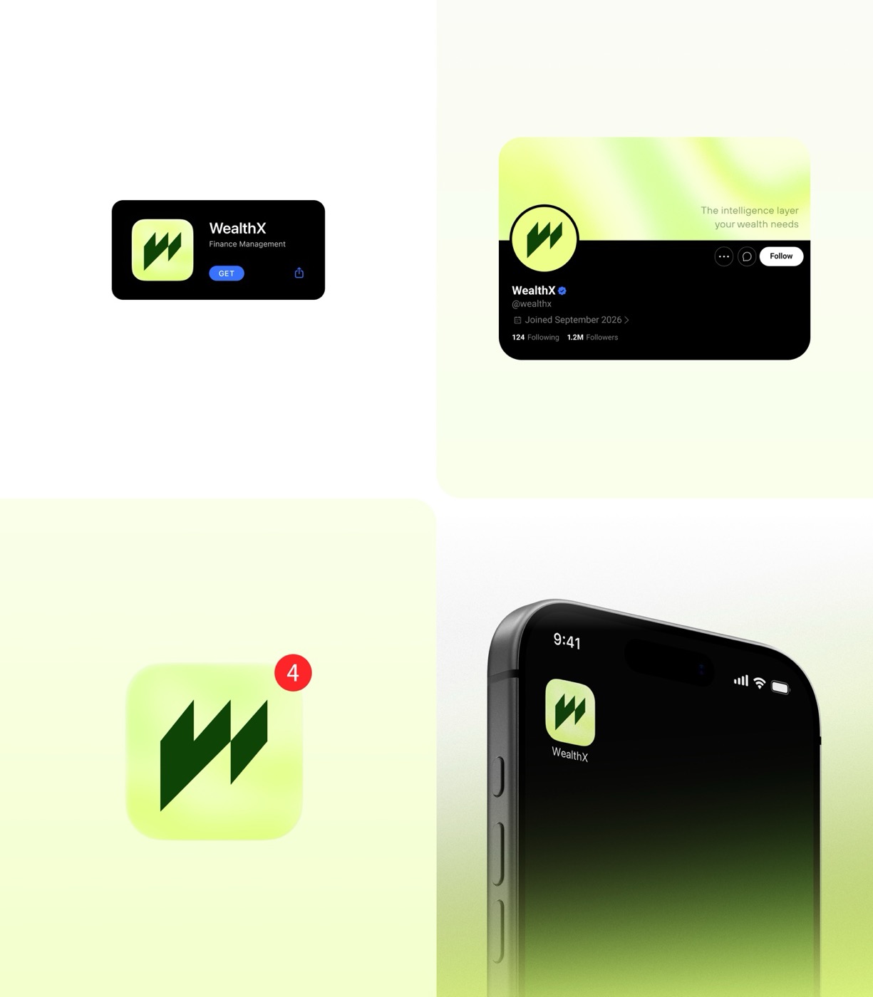 WealthX brand — App Store, social, app icon